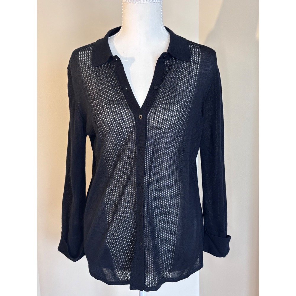 Sigrid Olsen Black Sheer Mesh Knit Button Front Cardigan Top Petite Goth Medium